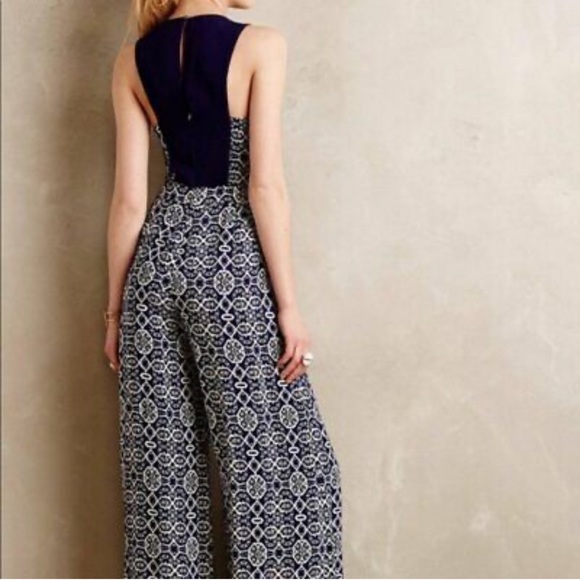 elevenses Pants - Anthropologie Elevenses Wide Leg Sleeveless Navy Blue Floral Jumpsuit Women 10